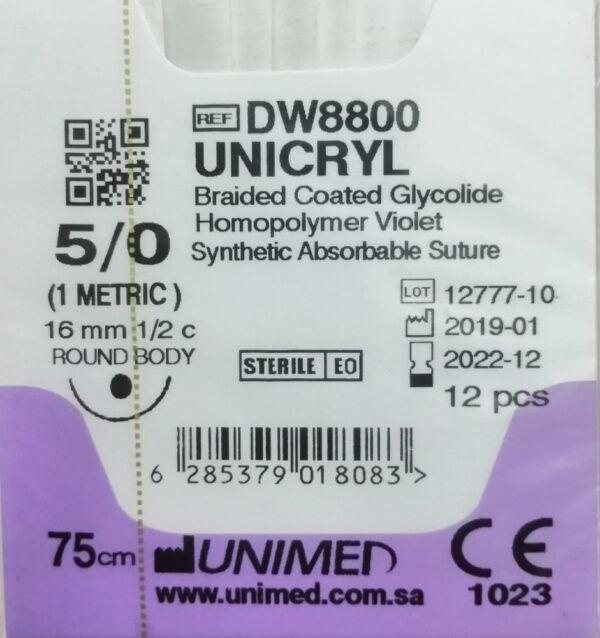 خيط فيكريل UNIGLACTIN 13mm 1/2 C.R.B 1(5/0)45cm