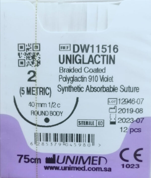خيط فيكريل UNIGLACTIN 2 40MM 1/2C ROUND